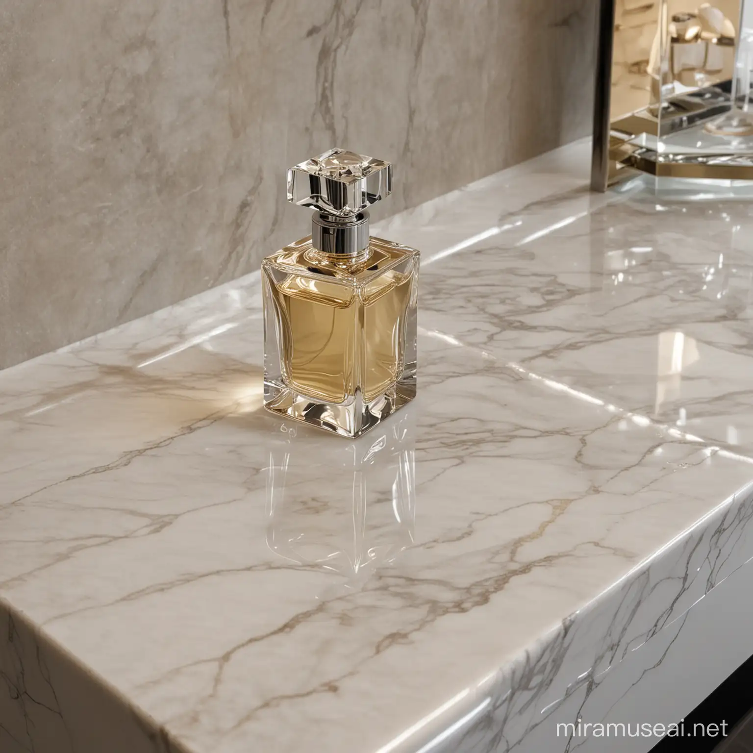 A specially designed marble countertop designed for sophisticated perfumes. Perfume bottles are to have a sophisticated crystal shape