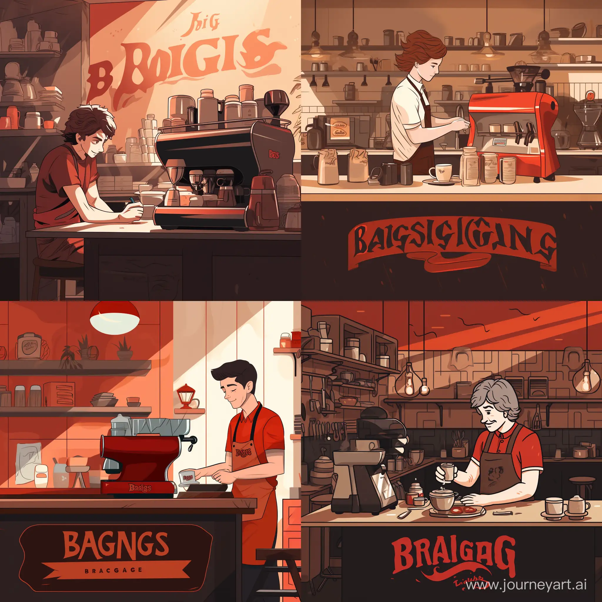 Бариста готовит кофе с собой в большой кофейне в красной чёрных тонах и логотип позади с надписью "baggins cofee"