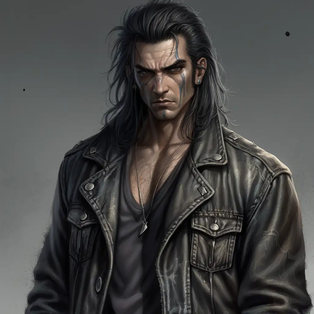 Meph embodies the brooding anti-hero archetype, with a rugged appearance and a perpetual scowl. His attire consists of a worn leather duster jacket over a faded graphic tee, paired with ripped jeans and combat boots. Dark, unkempt hair partially obscures his piercing gaze, and a stubbled jawline adds to his grizzled demeanor. Scars crisscross his arms and chest, souvenirs of past battles, and his intense stare hints at the dark powers simmering within.