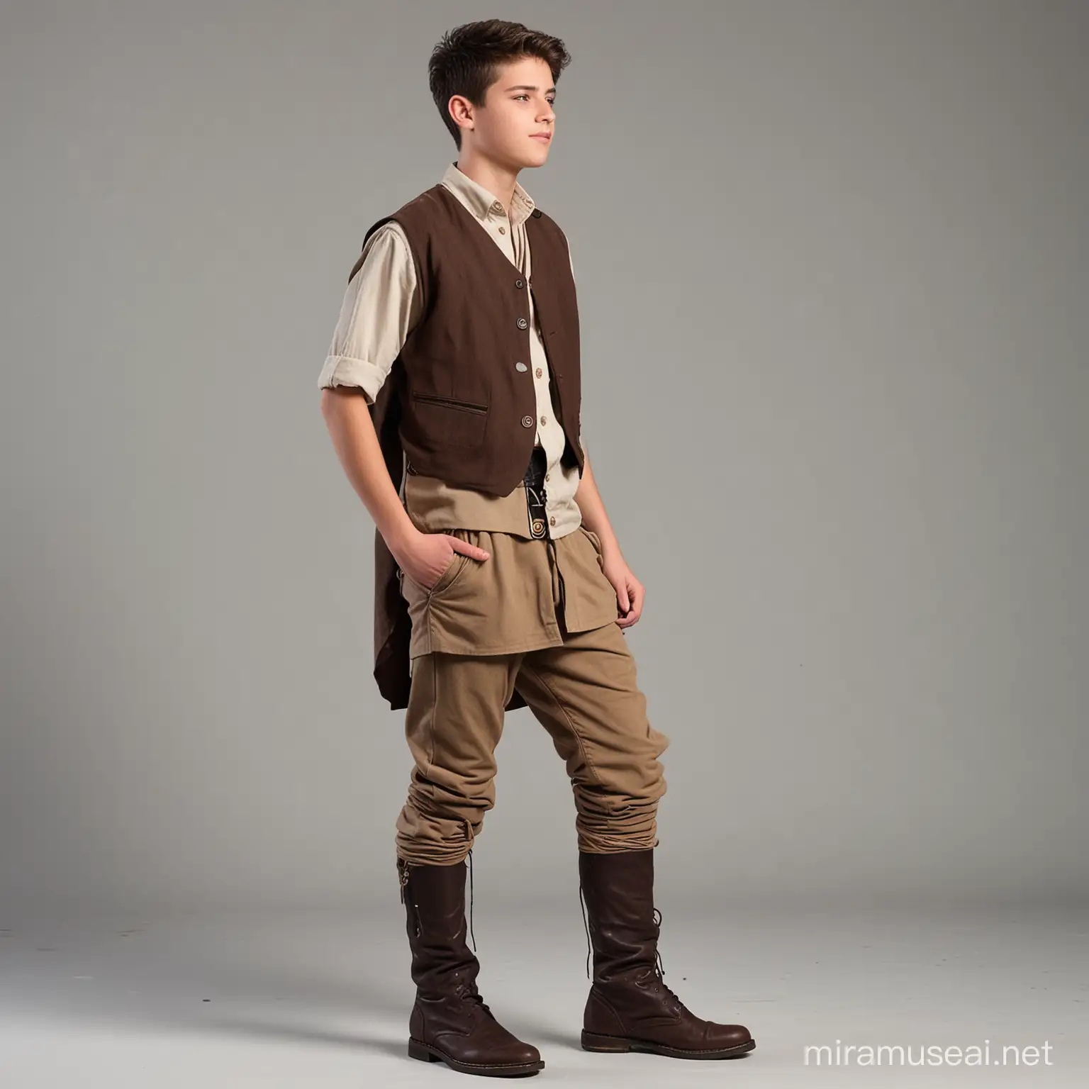 18 years old young boy wearing Tunic, vest, pants, boots & looking for  something sideway

