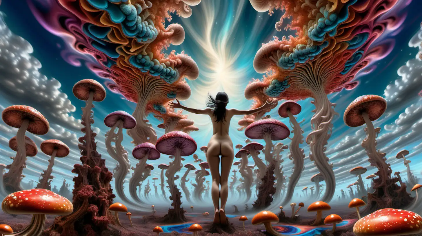 Psychedelic fractal sky with swirling fluid , multicolored fractal mushrooms extending from the ground up to the sky on right and left, nude Asian skinned female figure floating in mid air facing up the sky with arms extended, hyper realistic, moody and euphoric