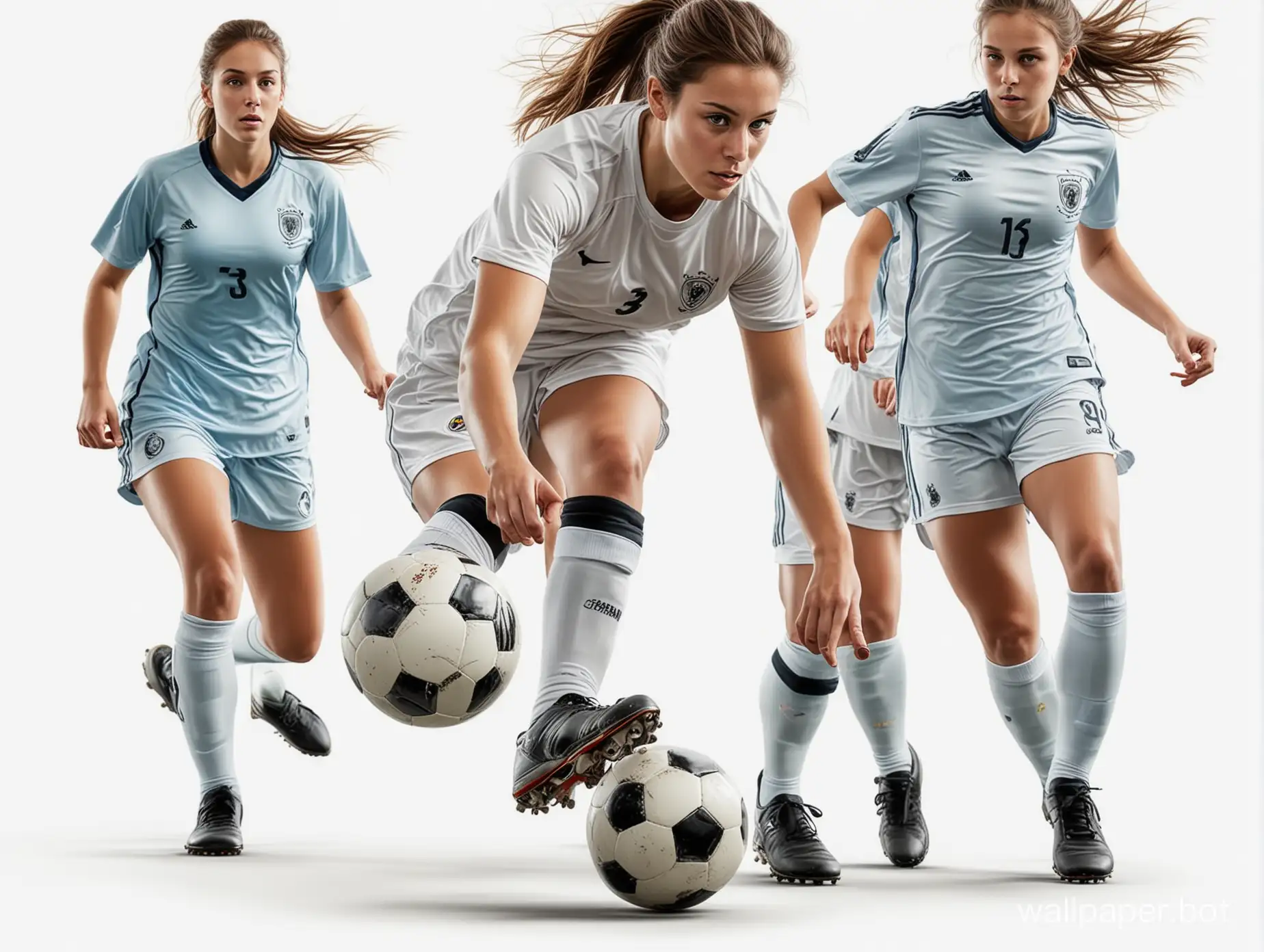Three-Girls-Playing-Soccer-with-Realistic-Detail-on-White-Background