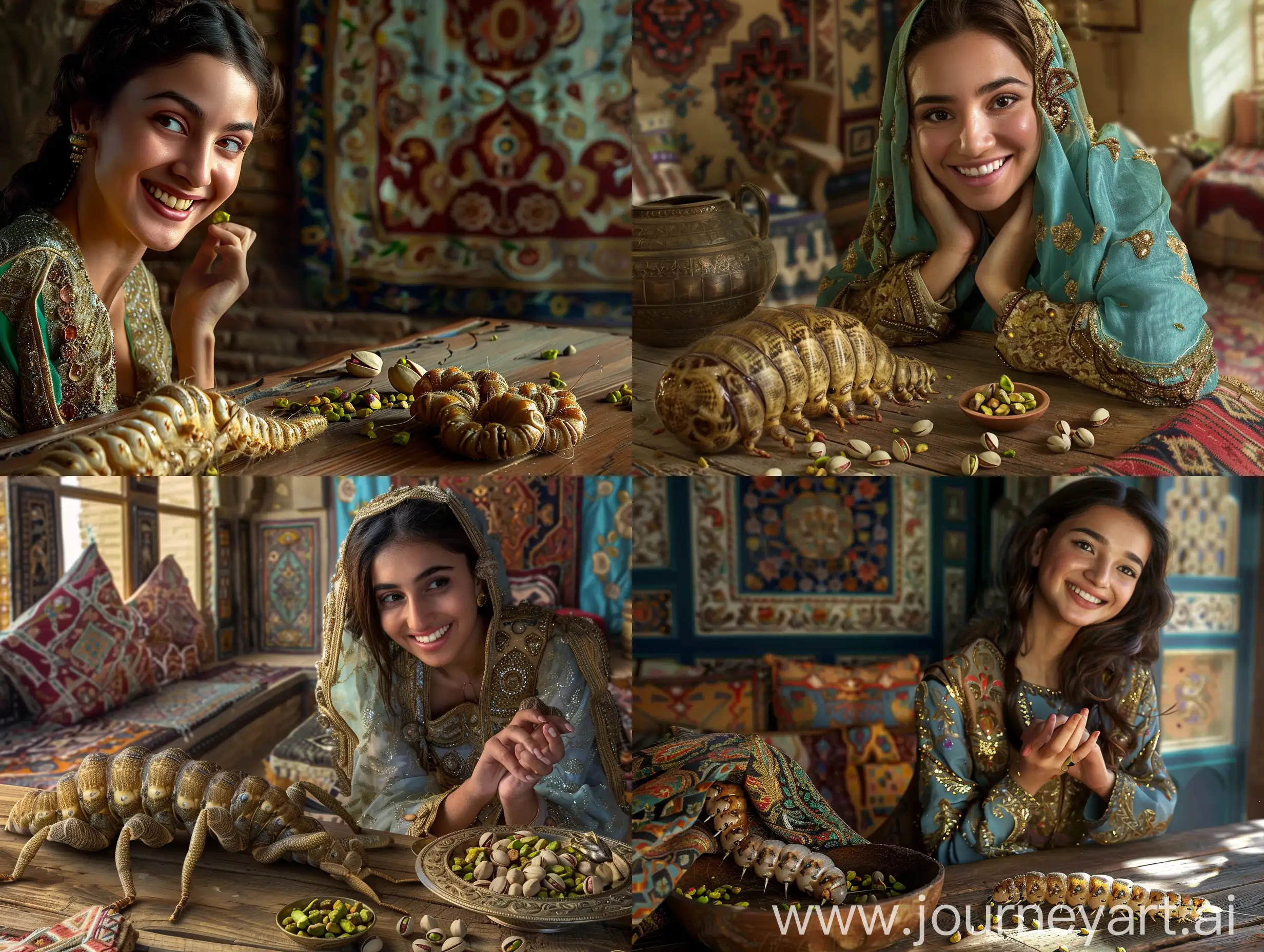  a young Persian woman in a traditional room in Persian Empire, with smiles, offer a big giant silkworm on the wooden table, some pistachio, and the silk worm eat it, make a high resolution real picture.