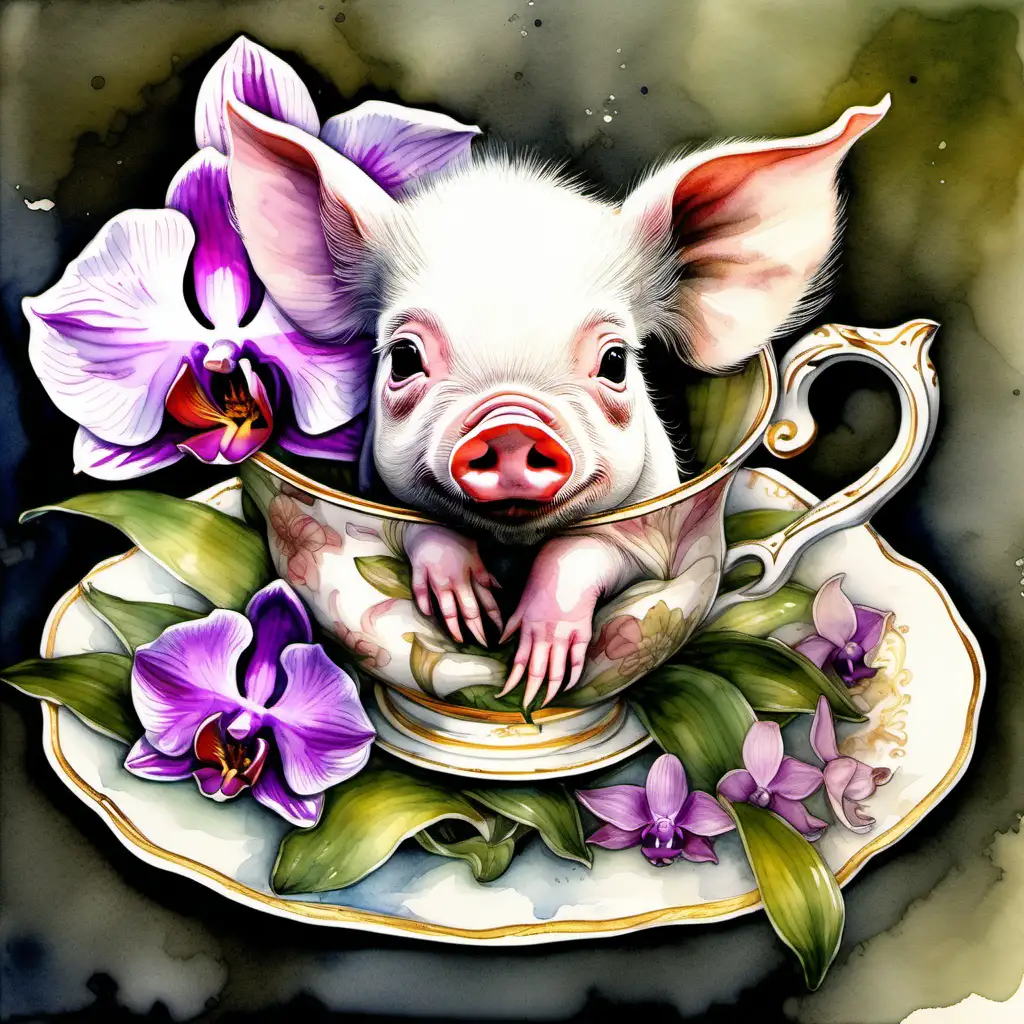 Visualize a teacup piglet surrounded by a mix of exotic orchids. The watercolor strokes should capture the elegance and intricate details of the orchids, creating a luxurious and enchanting setting for the pig's journey.