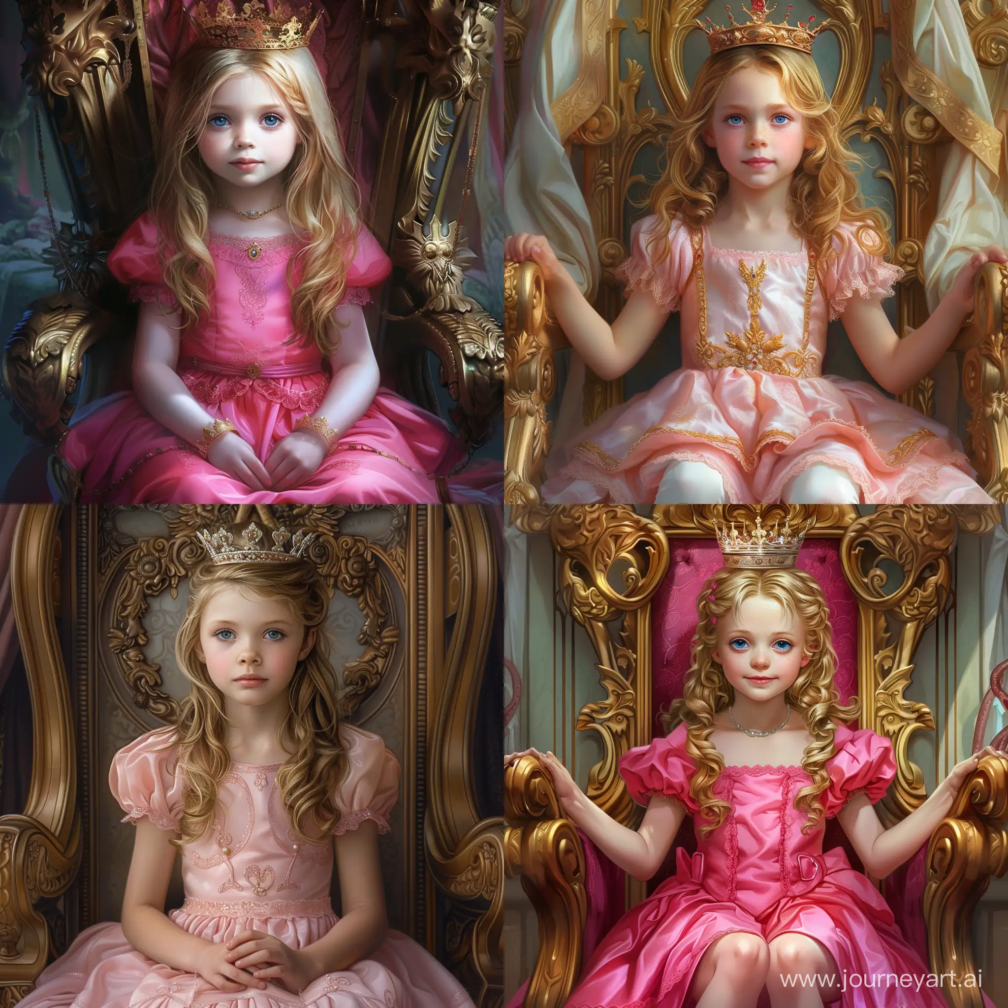 Beautiful girl, child, 6 years old, princess, sitting on the throne, pink dress, crown in her hair, golden hair, blue eyes, white skin, high quality, high detail, dark fantasy art