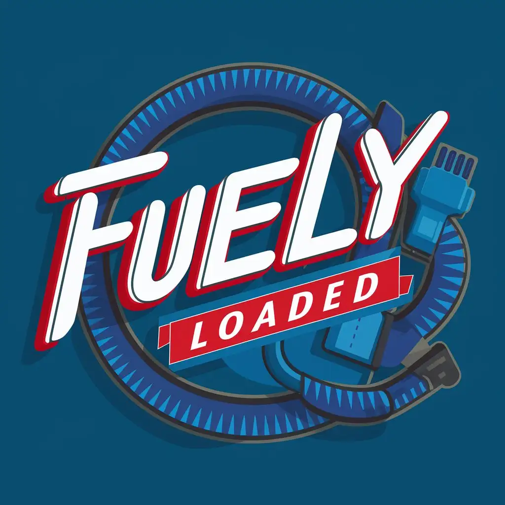 logo, Hose spelling Fuely 
Fuel Pump Nozzle

blue

, with the text ""Fuely Loaded"", typography