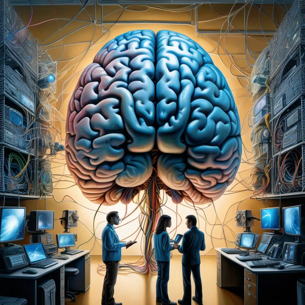 In the center of the room, a colossal human brain is intricately connected to advanced computers housed in the surrounding racks by millions of wires. this extraordinary brain possesses two eyes that fixate upon us with astonishing precision, captured in a painting with unparalleled detail and resolution at 64k, there are two alien scientists who are examining the brain Double exposure r, mountains and nature in golden hour, high contrast with black, white background the universe was in disbelief Depth of Field, hyper-detailed, beautifully color-coded, insane details, intricate details, beautifully color graded, Cinematic, Color Grading, Editorial