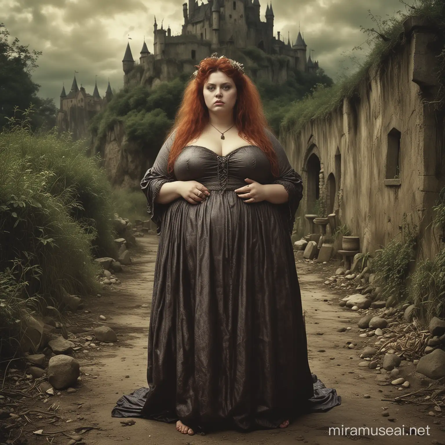 Jan Saudek depicting chubby  voluptous liberal Female Tim Burton  in tight medieval dress 
unveiling  a pagan cult in a mysterious island, thick pubic hair