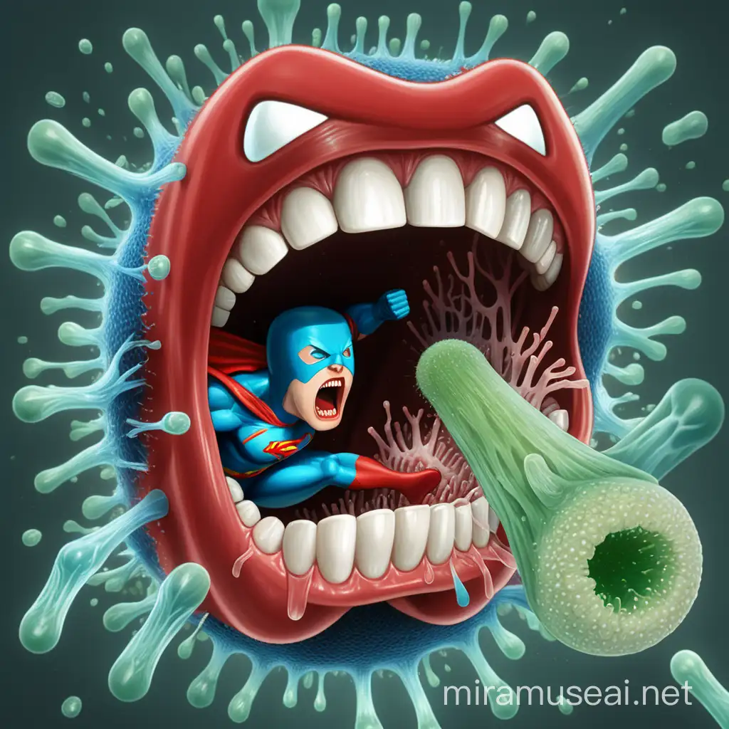 a superhero inside of a mouth fighting off bacteria 