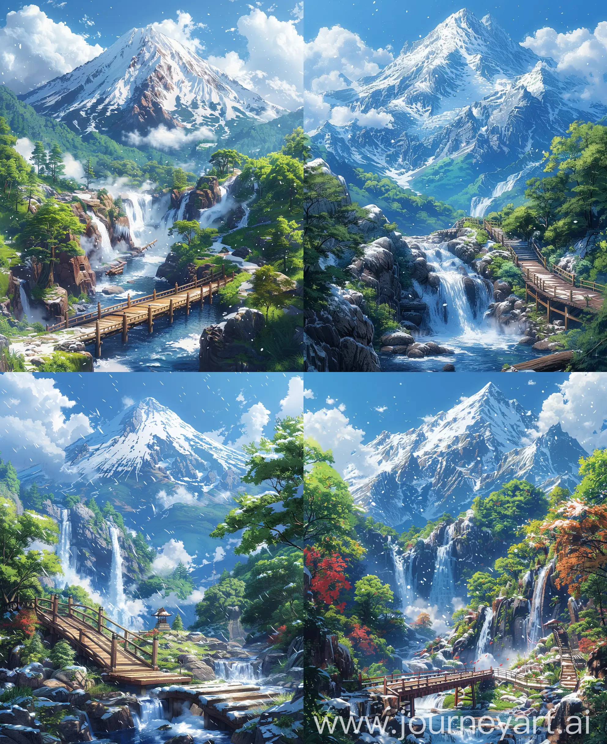 Anime scenary, illustration, aerial view of snow peak Mountain waterfalls, snow fall, wooden bridge over stream, mountain in another scenario,  beautiful scenaries, beautiful anime, illustration view, ultra HD, high quality resolution, no blurry image, sharp details , no hyperrealistic --ar 27:33 --s 600