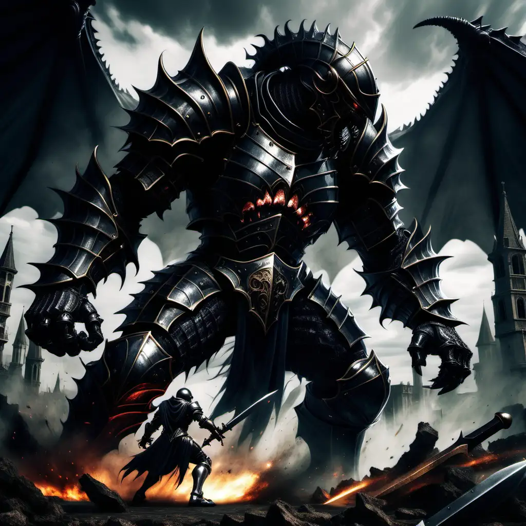 Caballero gótico negro, luchando contra, monstruo gigante