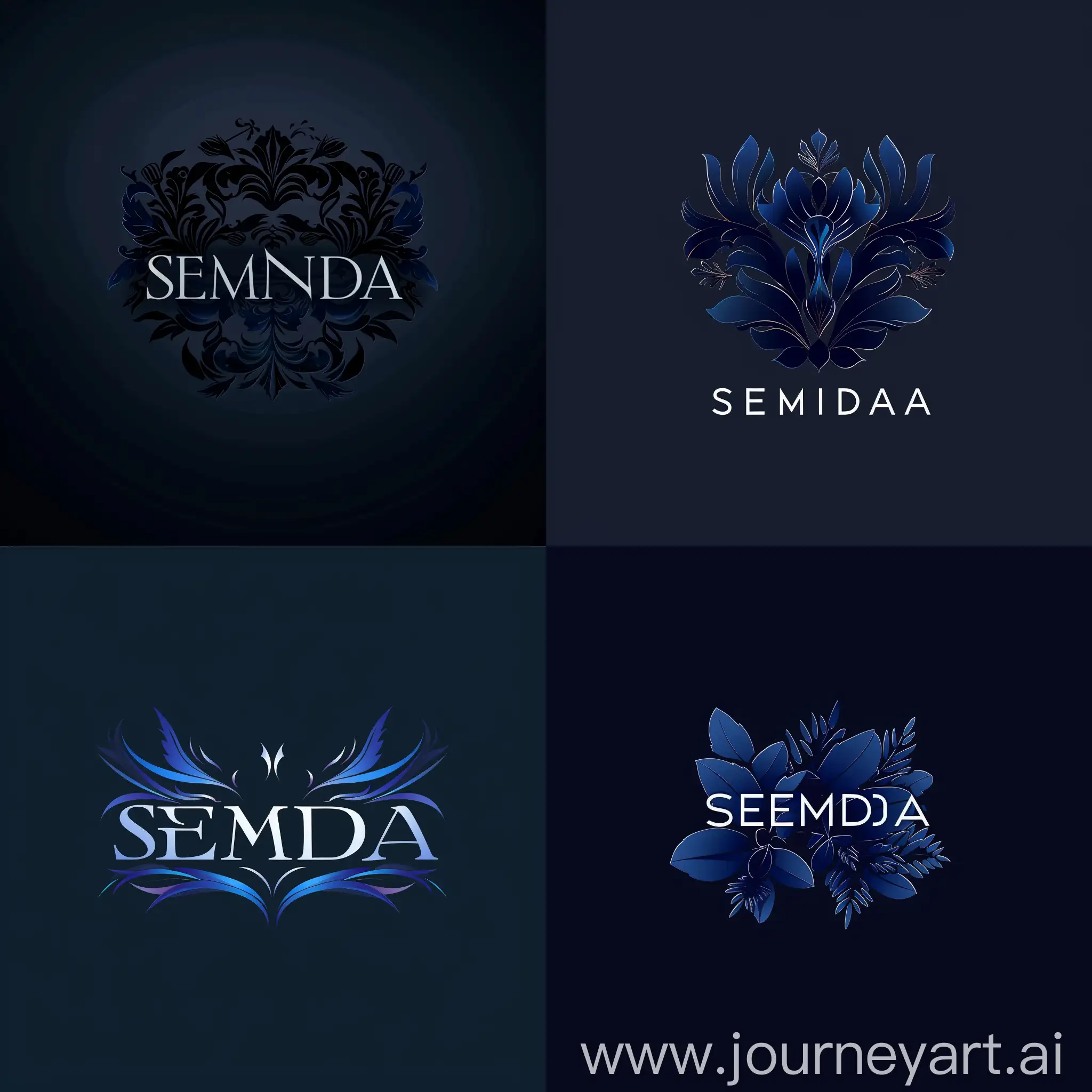 a logo with the words "SEMUDA" in dark blue that is elegant and dashing with the concept of games, films and comics
