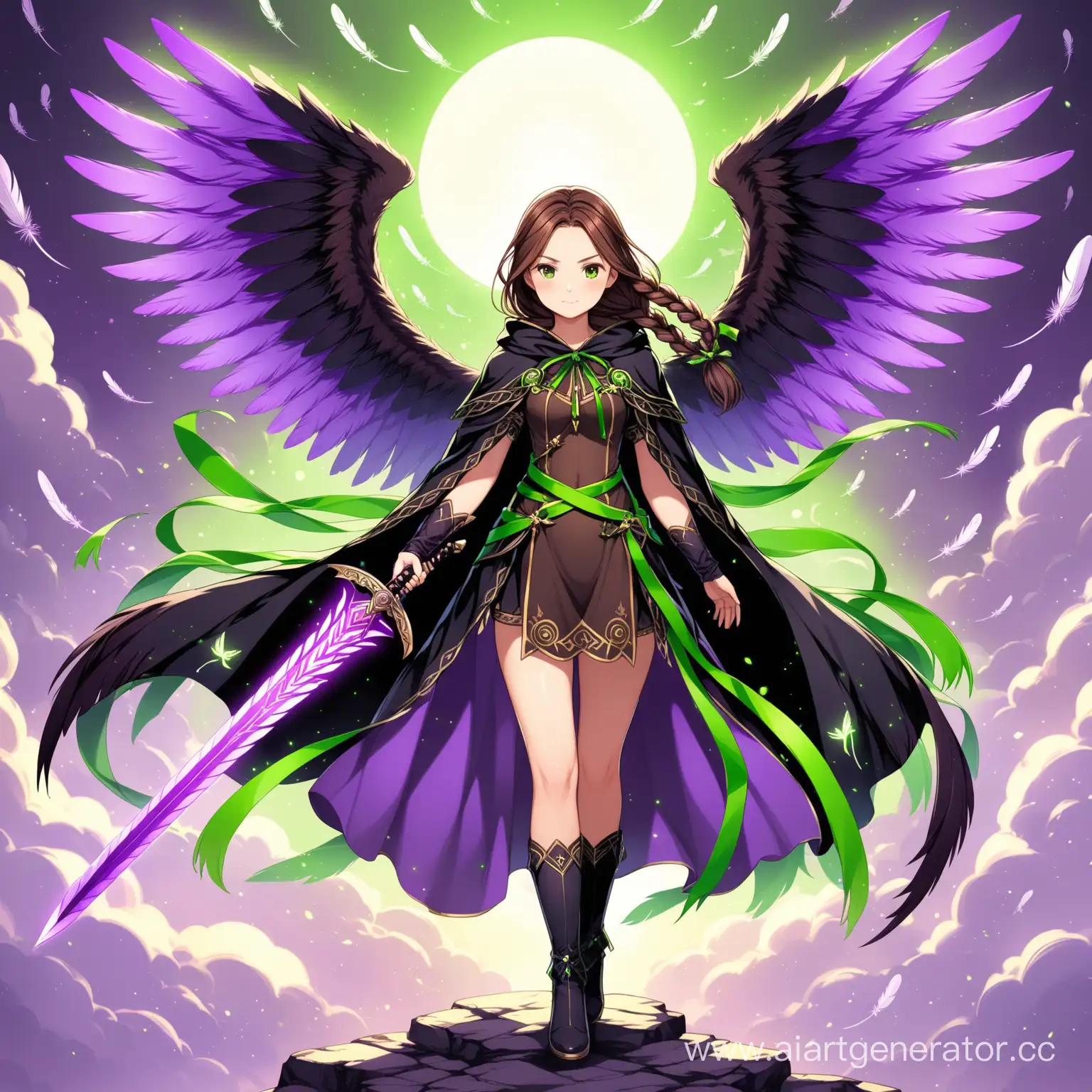 девушка с коричневыми заплетёнными в один хвост волосами с зелёными и фиолетовыми ленточками в зеленой фиолетовой или чёрной мантии с крыльями в лаймовом фиолетовом и чёрном цветах с перьями и с мечом