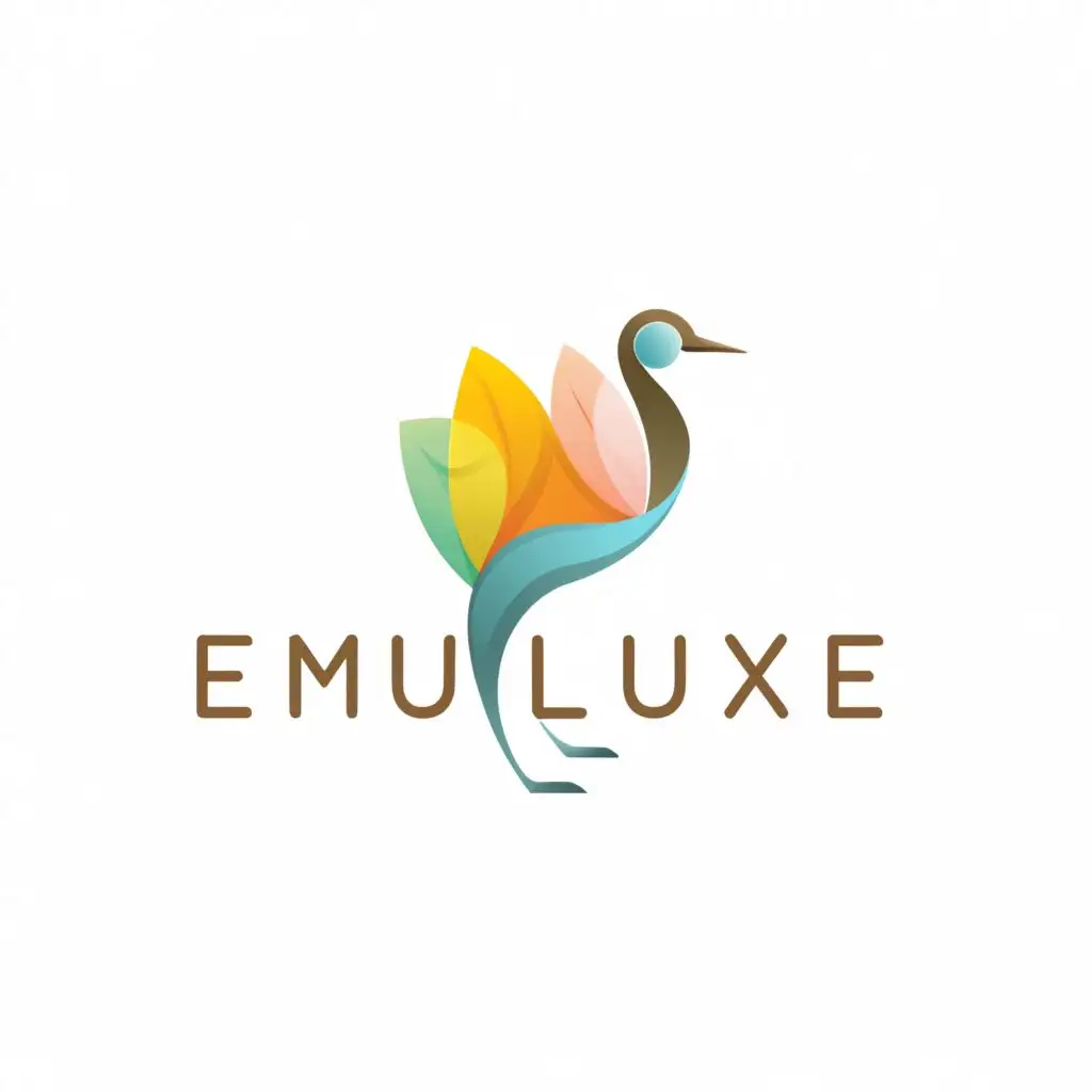 logo, 1. **Design Concept:**
   - Emu Luxe logo aims for luxury with pastel colors and minimalism.
   - Focus on a small, elegant Emu bird symbol with sleek "Emu Luxe" font.

2. **Symbolic Element:**
   - Use half/head of Emu bird for minimal elegance.
   - Vibrant pastels enhance luxury essence.

3. **Typography:**
   - "Emu Luxe" in unique, stylish ,clear, dark colour font.
   - Statement font style adds distinctiveness.

4. **Size and Placement:**
   - "Emu Luxe" dominates, Emu bird subtle.
   - Ensure balance, Emu complements text.

5. **Color Palette:**
   - Soft pastels evoke luxury and sophistication.
   - Colors attract attention subtly.

6. **Final Presentation:**
   - Combine elements for a refined, minimalistic logo.
   - Reflect brand's luxury identity distinctly., with the text "EMU LUXE", typography