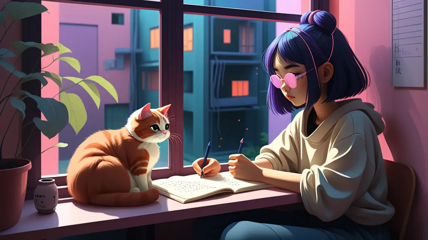 lofi girl sitting in a window writing with a cat in a cyber ish dystopian future cozy asian place