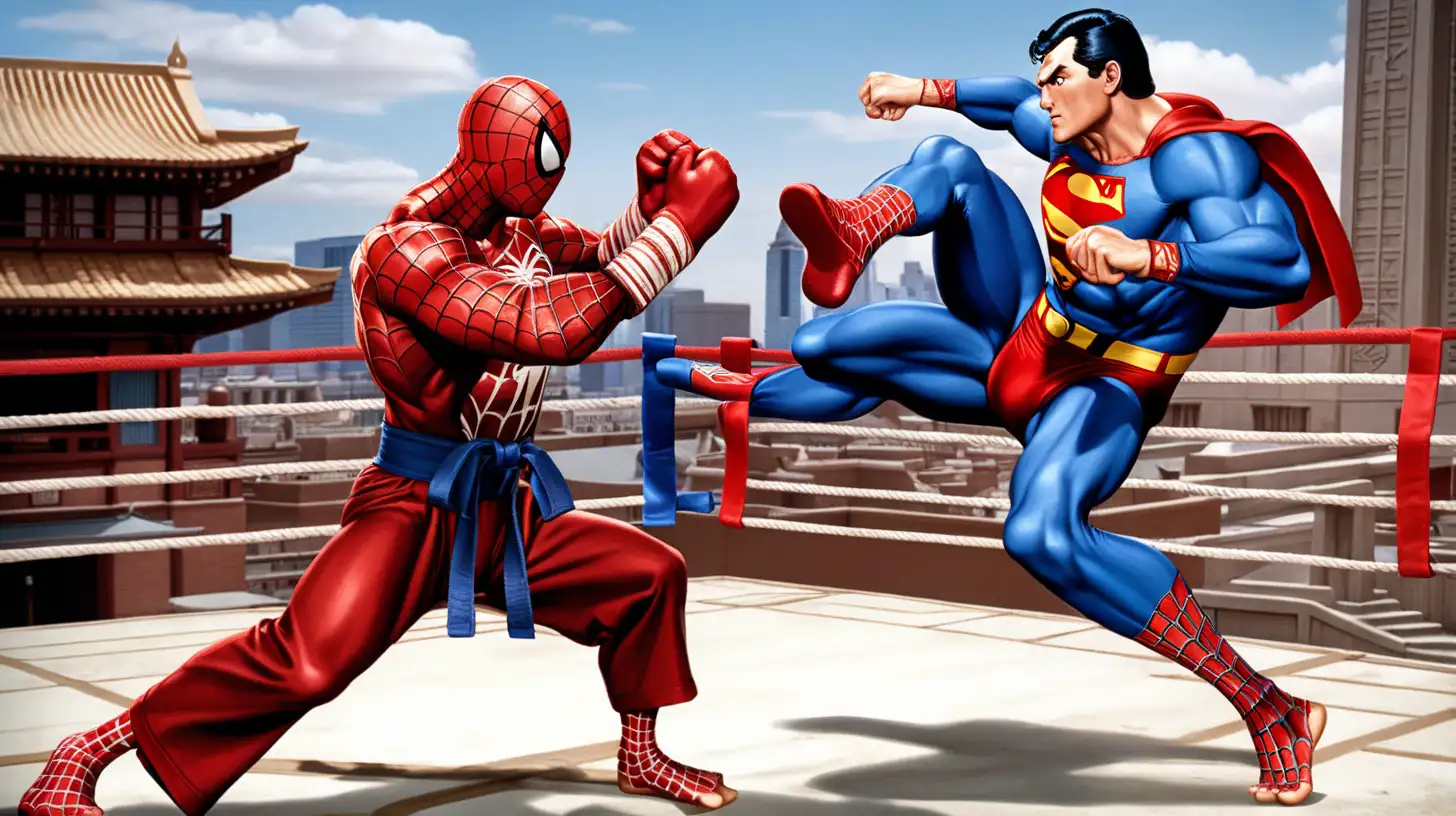 Spiderman vs superman karate fight in the ring, showing temple environment in the background