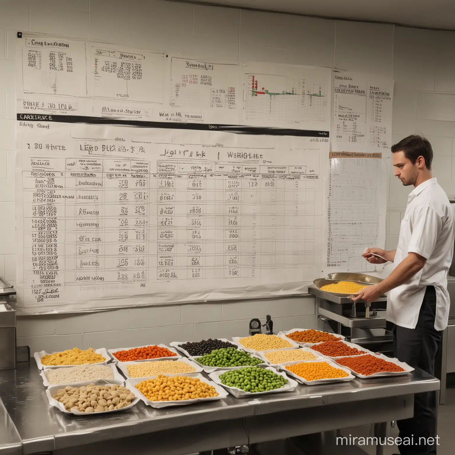 Criar um cenário em uma cozinha de produção com funcionários trabalhando e um funcionário pesando alimentos em Uma balança grande pessando ingredientes com um quadro na parede que mostra gráficos e tabelas de custos