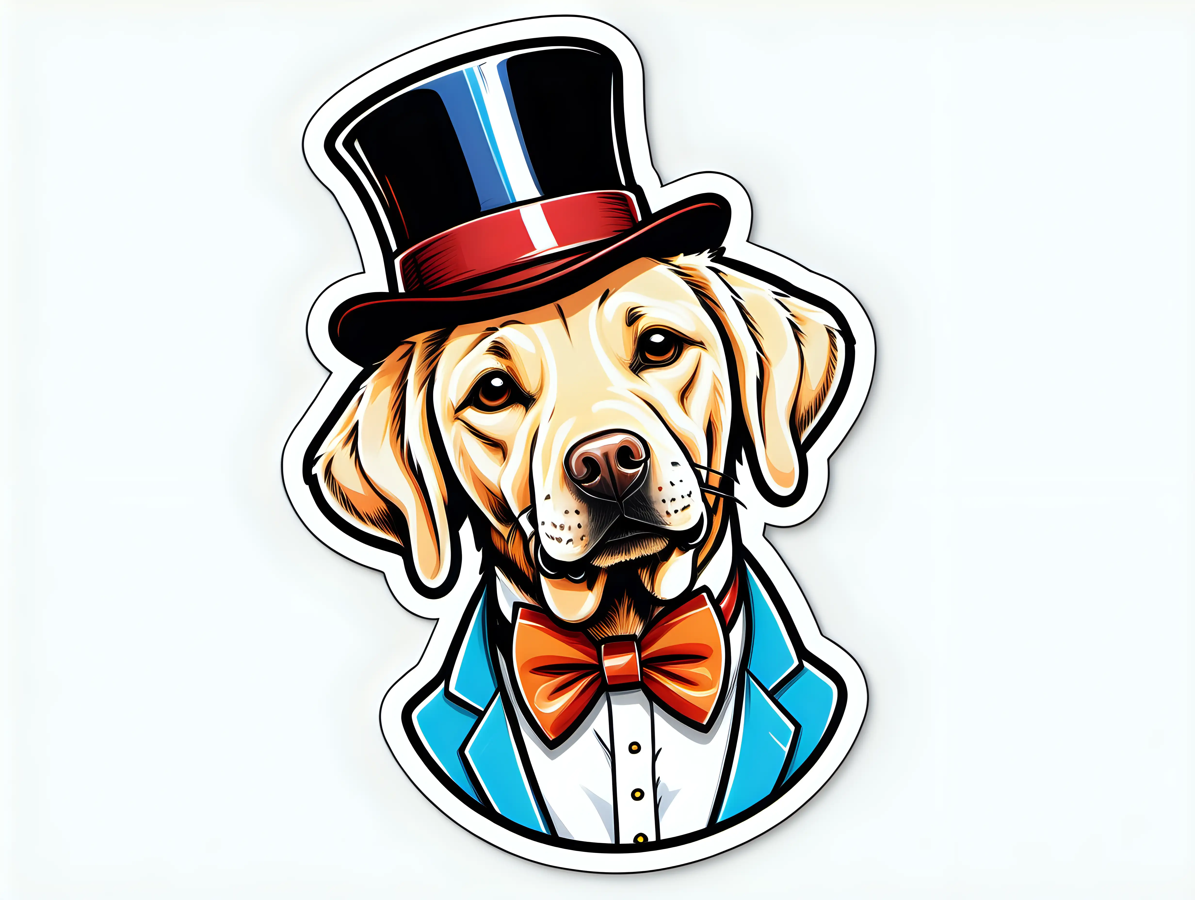 a cartoon character labrador retriever with a top hat and bowtie, vibrant color, line art, like a sticker, white background, in the style of Robert Rauschenberg