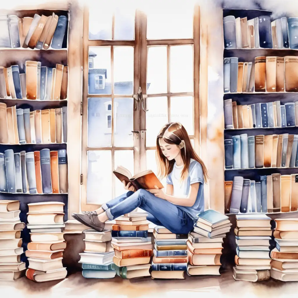 flicka sitter på en bokhög och läser , hyllor med böcker,  ett fönster i vattenfärg





