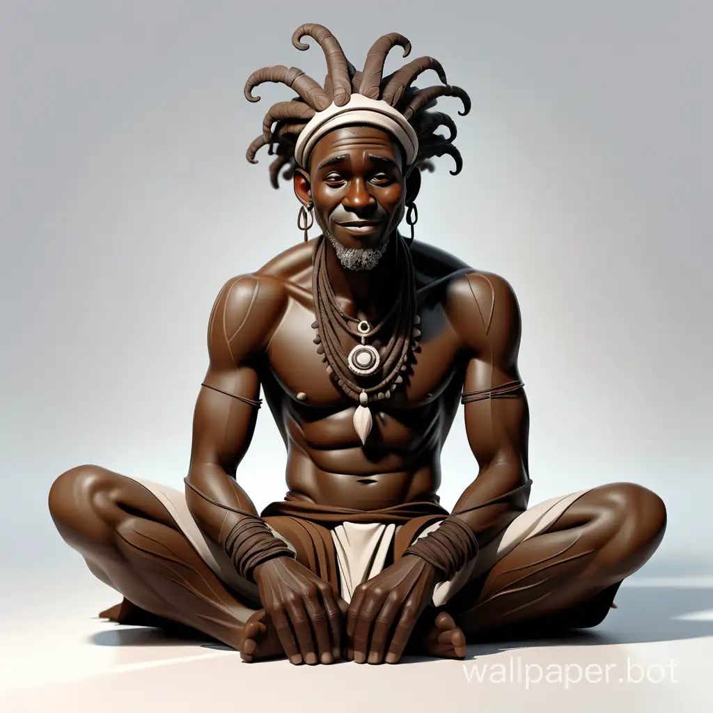 art, illustration, light transparent color contour graphics. Realistik a black Druid man sits on the floor with a slight smile. Costume. Clarity, sharpness. White background. high quality. high detail.