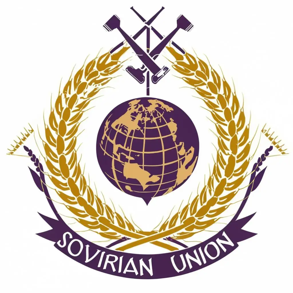 logo, Circle of wheat and inside a planet with a hammer and sickle, with the text "Sovirnian Union", typography