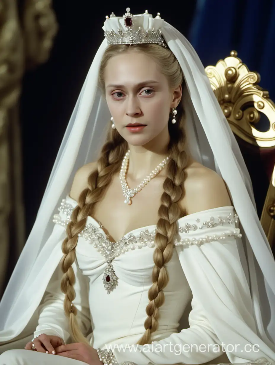 Русская царица сидит на троне с жемчужной бриллиантовой диадемой на голове, светлые волосы в длинную косу, белое платье полностью покрывает тело, белая фата, драгоценности