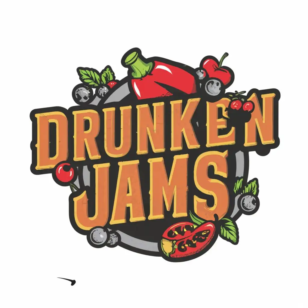 a logo design,with the text "Drunken Jams", main symbol:Alcohol bottle, red peppers, cherries, blueberries, oranges, no back ground, black and white,Minimalistic,clear background