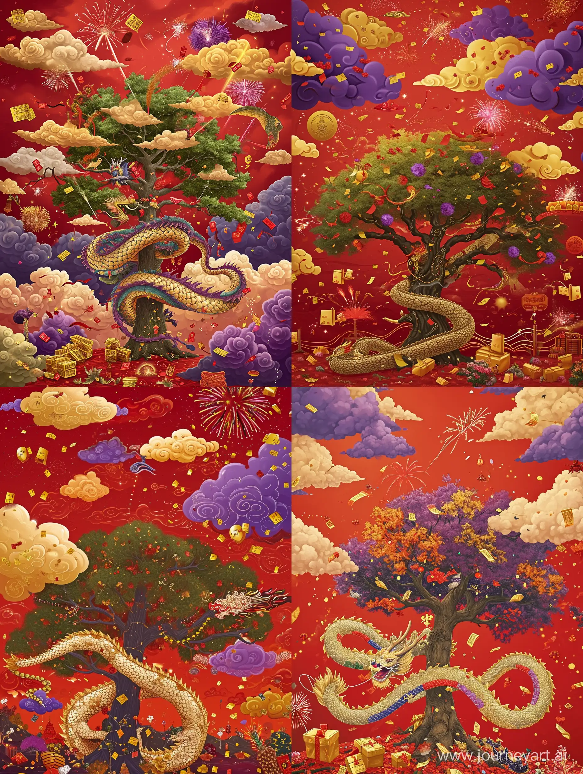 主体为祥龙缠树，红色的天空有金云紫云彩云，装饰还有金元宝，红包，鞭炮，烟花，有中国新年的气氛，