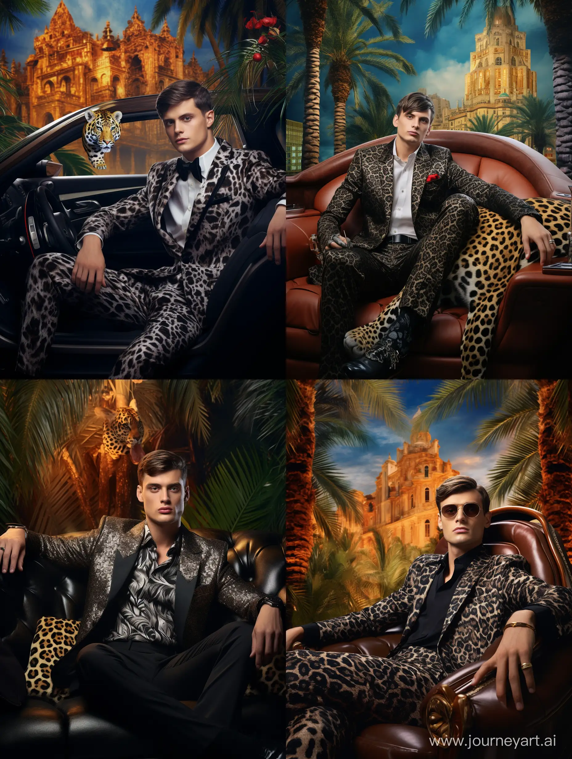 Fashionable-Russian-Man-in-Leopard-Suit-Poses-in-Expensive-Black-Bentley-at-Monaco-Mansion