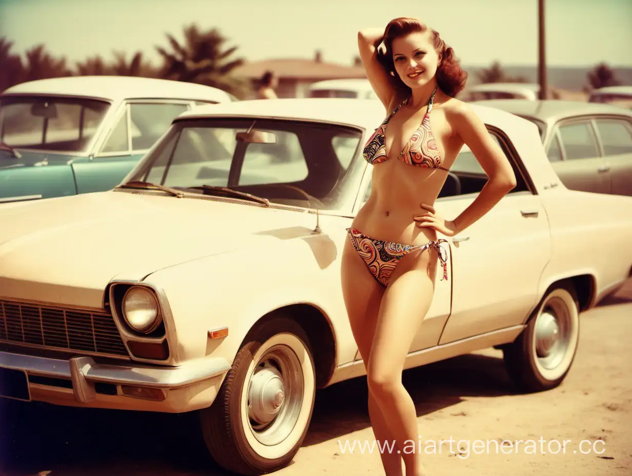 retro photo of a woman in a bikini near a car