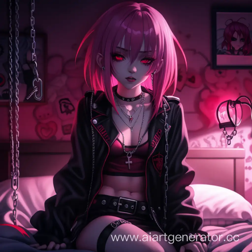 Vimpire anime girl on bedroom, alt girl, dark style, detail red light and shadows, chains clothes and pink hair, punk girl