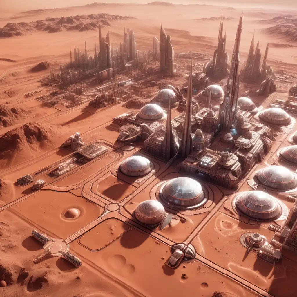 Futurist city in mars, shot by a satellite with high quality camera, hyper realistic style, ultra detailed