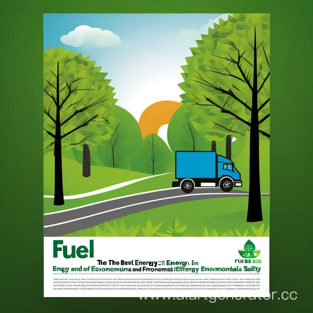 Плакат-реклама с изображением топлива, натлучшего с точки зрения энегоёмкости и экологической безопасности. С деревьями и природой на фоне
