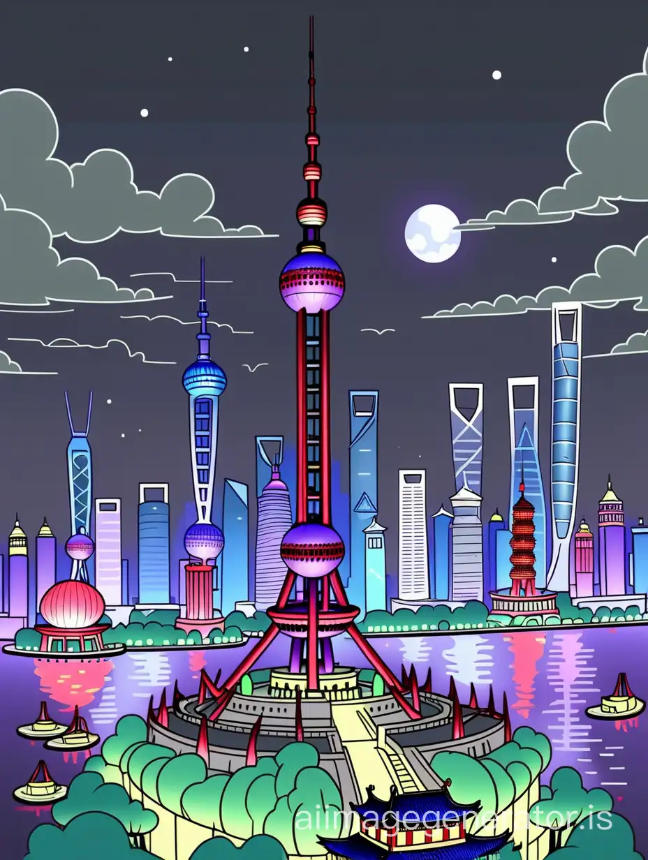 Color line drawing, alien civilization, Little Grey in Shanghai, China, with the background of the Oriental Pearl Tower, city lights at night.
