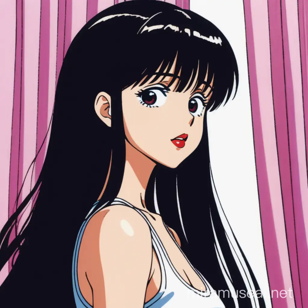 Woman with large chest looking under her eyelashes, dark black eyes, long black hair behind her shoulders parted in the middle with curtain bangs, body facing straight forward with head tilted down to the left looking down at the bottom left, large anime eyes, red lips slightly parted, wearing white tank top, Barbie aesthetic, anime style, Dull colors Ghibli scene white wall background, retro 90s anime aesthetic, anime screencap. --niji 5