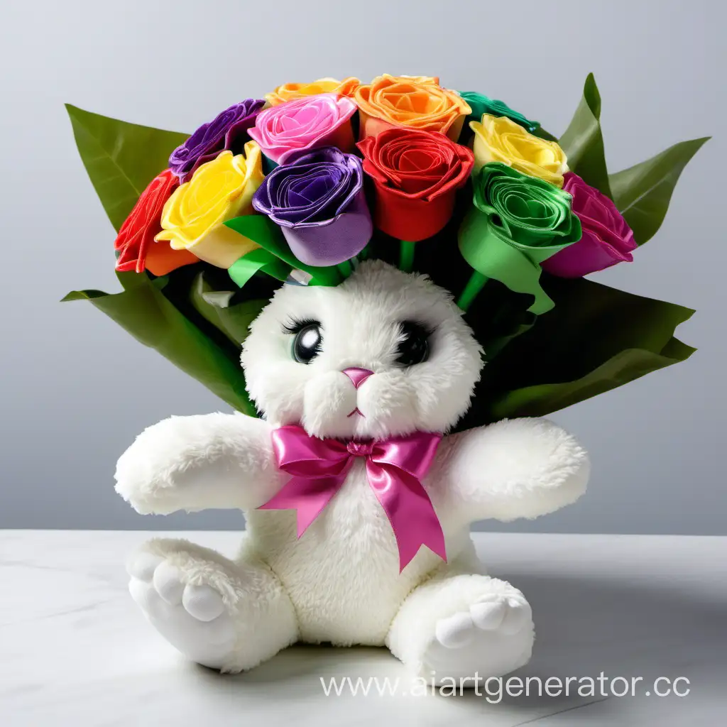 Cute-Plush-Bunny-Holding-Colorful-Bouquet-of-Flowers
