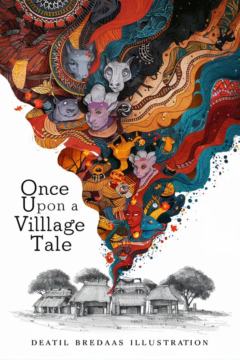 book cover, African mythology and folklore, showcasing pencil drawing of african village infused with mythology at the bottom of the cover, traditional patterns, and symbolic elements Flowing out of the bottom rising to the top in full colour. Title 'Once Upon A Village Tale'