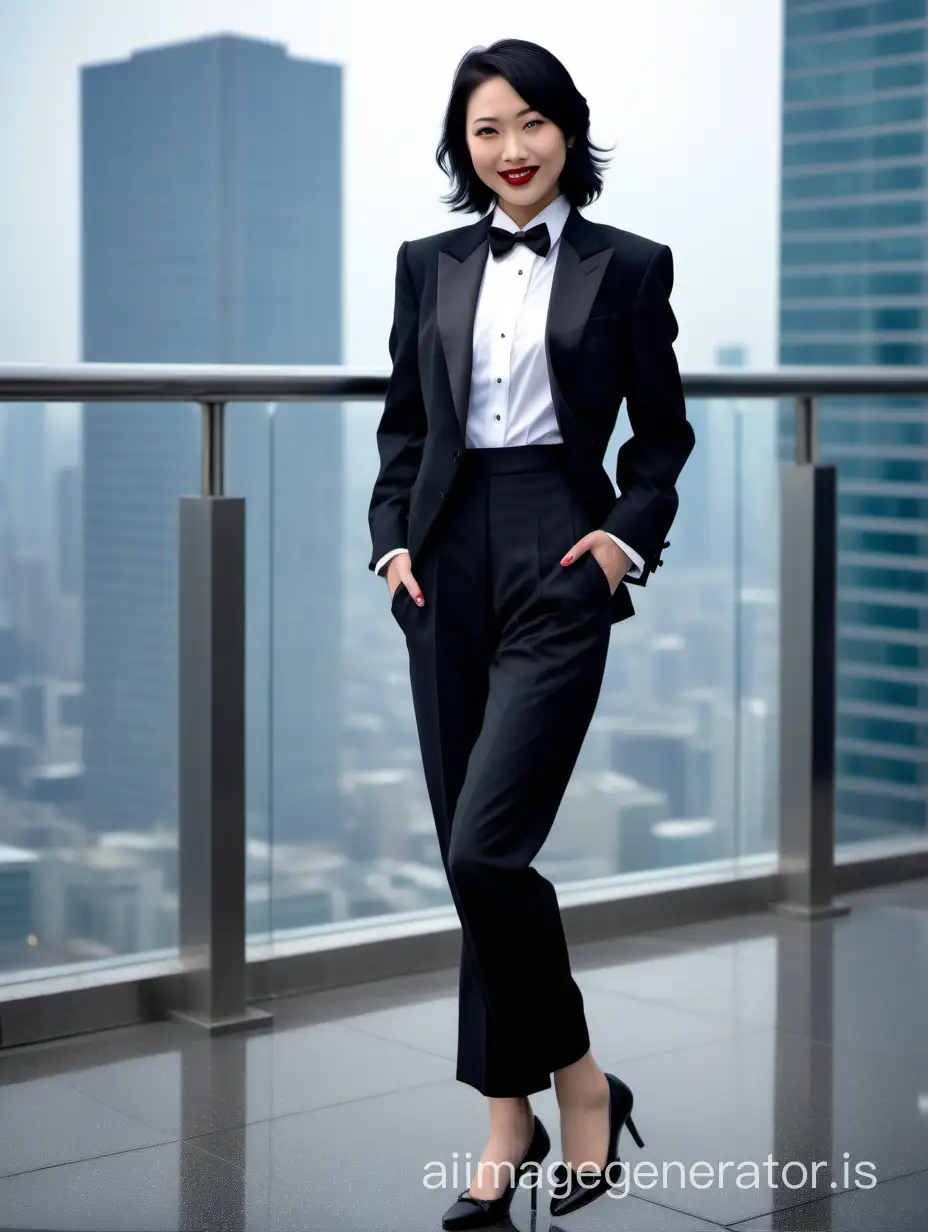 It is night at the top of a skyscraper.  A smiling Japanese woman shoulder length black hair, and lipstick, mid-twenties of age, is walking forward toward the viewer.  She is wearing a tuxedo with a black jacket and black pants.  Her shirt is white with double French cuffs and a wing collar.  Her bowtie is black.   (Her cufflinks are large and black).  She is wearing shiny black high heels.