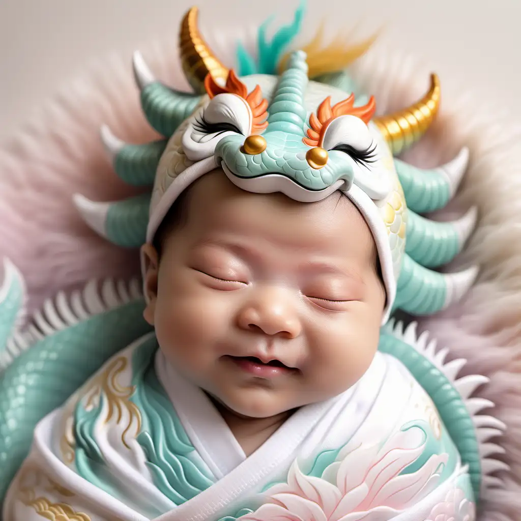 cute chinese dragon closed eyes smiling newborn baby with asian background with chinese dragon elements in white colour and clean pastel soft colours