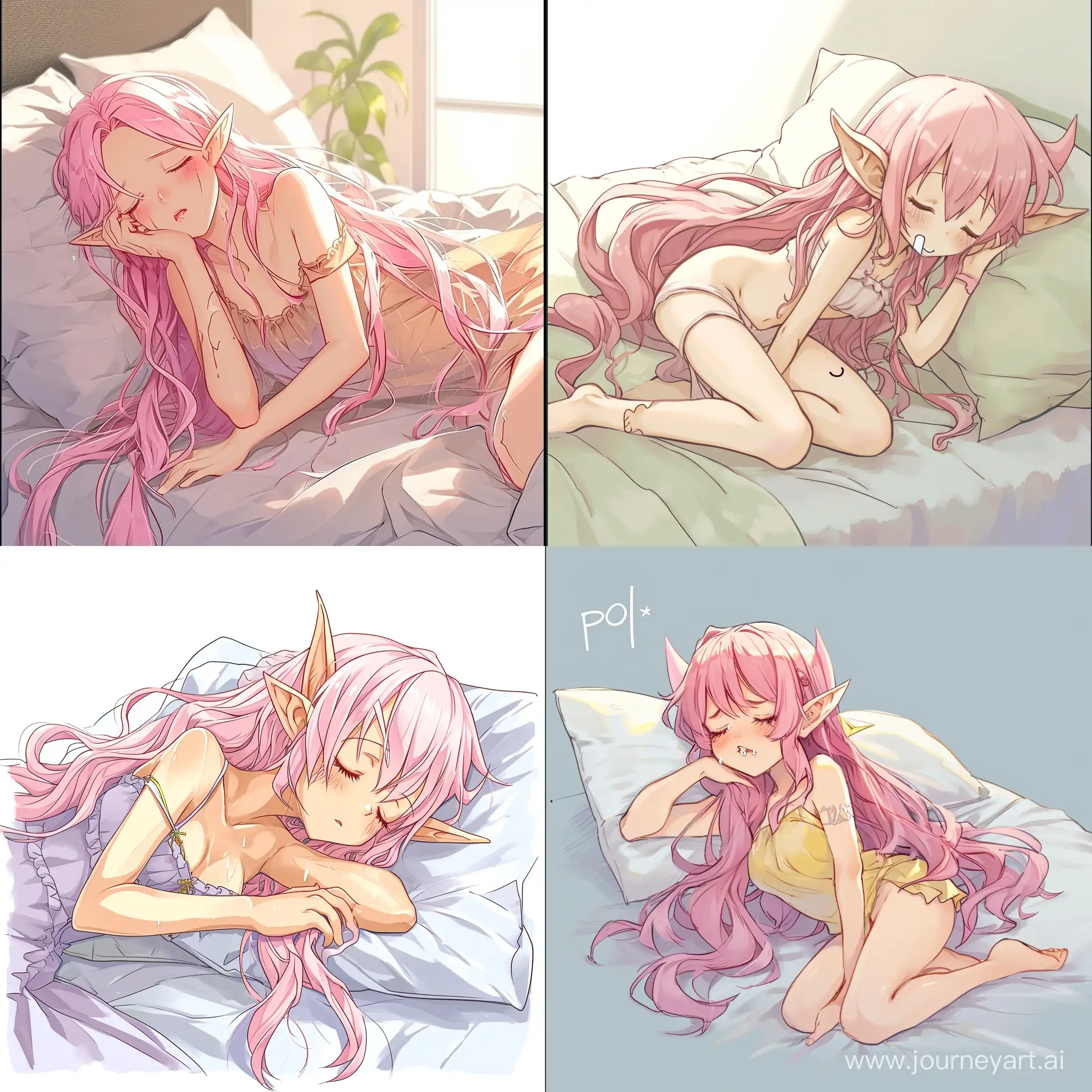  a girl sleep on the bed, carefree pose, drooling,  pink hair, pointy ears, long hair, spreaded hair, bare shoulders, anime style, cute, chibi style, sleep on the bed, carefree pose, drooling --v 6 --q 2