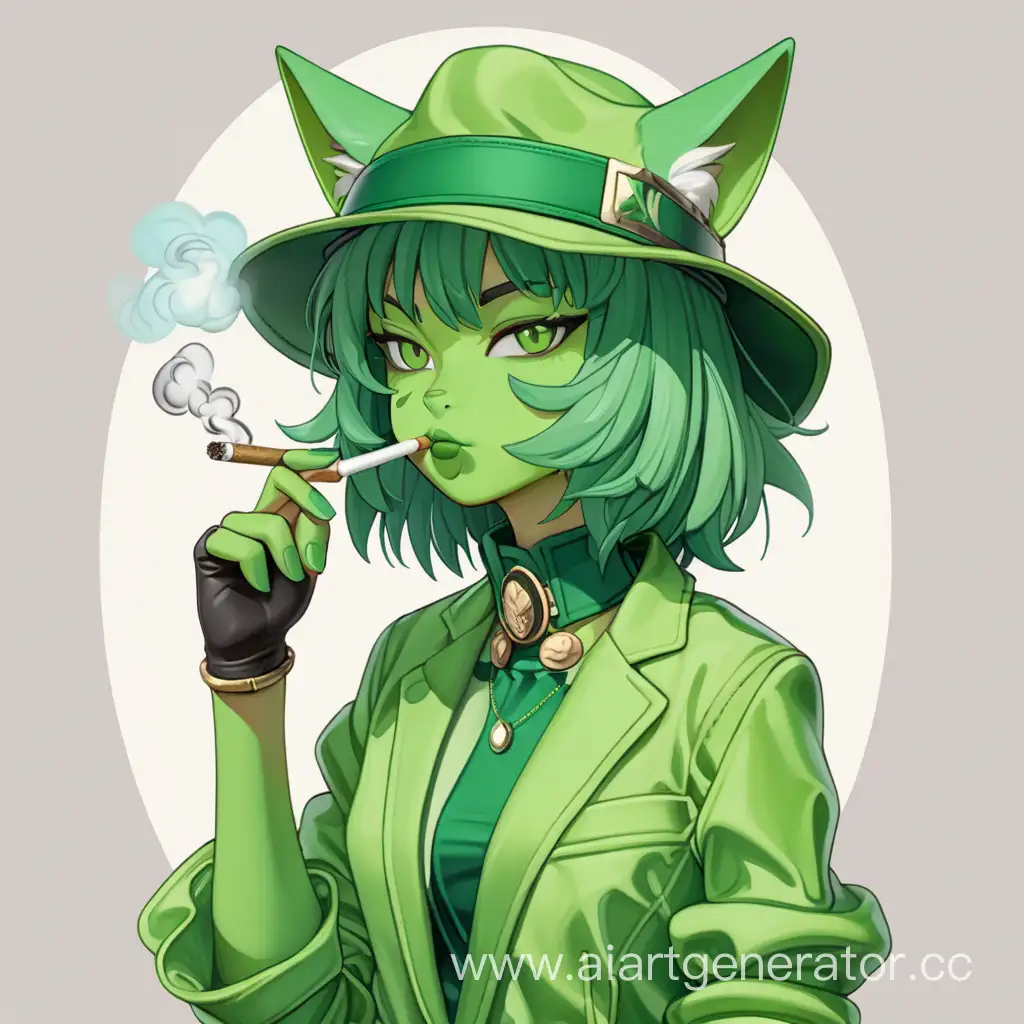 Green-Cat-Girl-in-Stylish-Outfit-Smoking