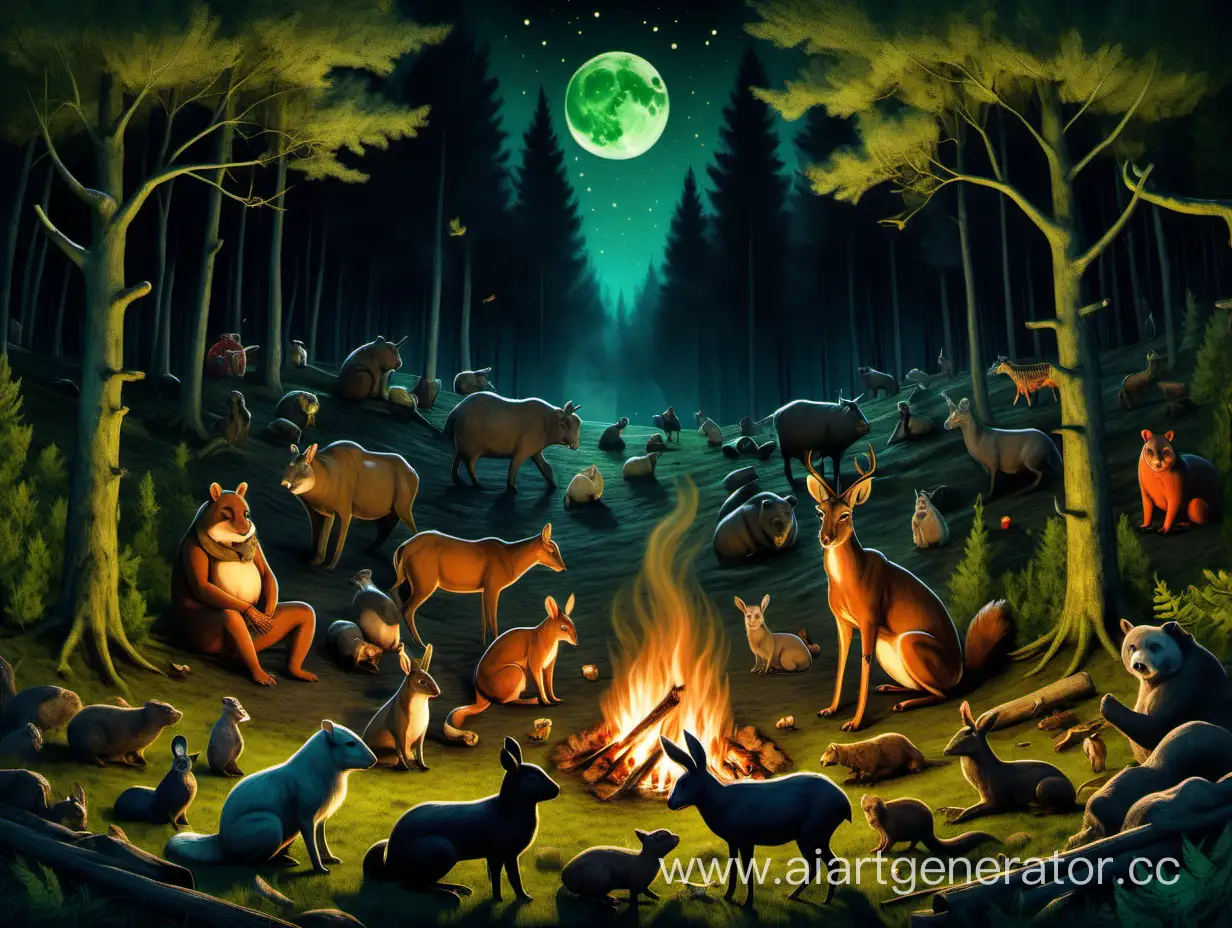 Nocturnal-Gathering-Enchanting-Wildlife-in-a-Verdant-Forest