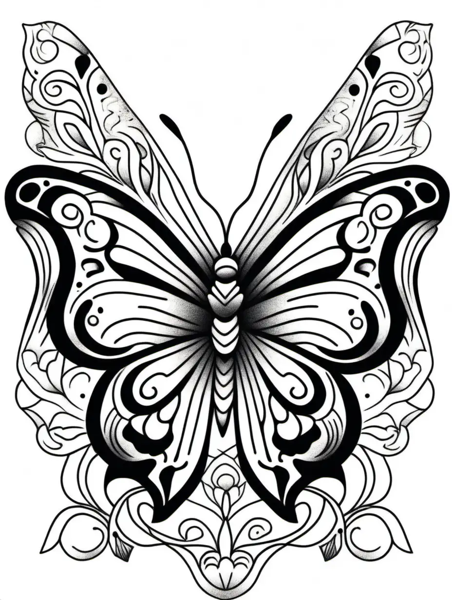 Contemporary Monochromatic Butterfly Tattoo in Coloring Book Style