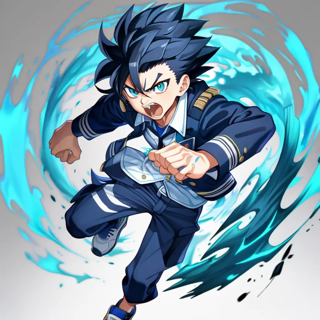 anime boy, tall, wild expression, sharp eyes, intimidating, navy hair, wild hair, full body, claws, cyan theme, claw attack, striking pose, dynamic movement, running forward