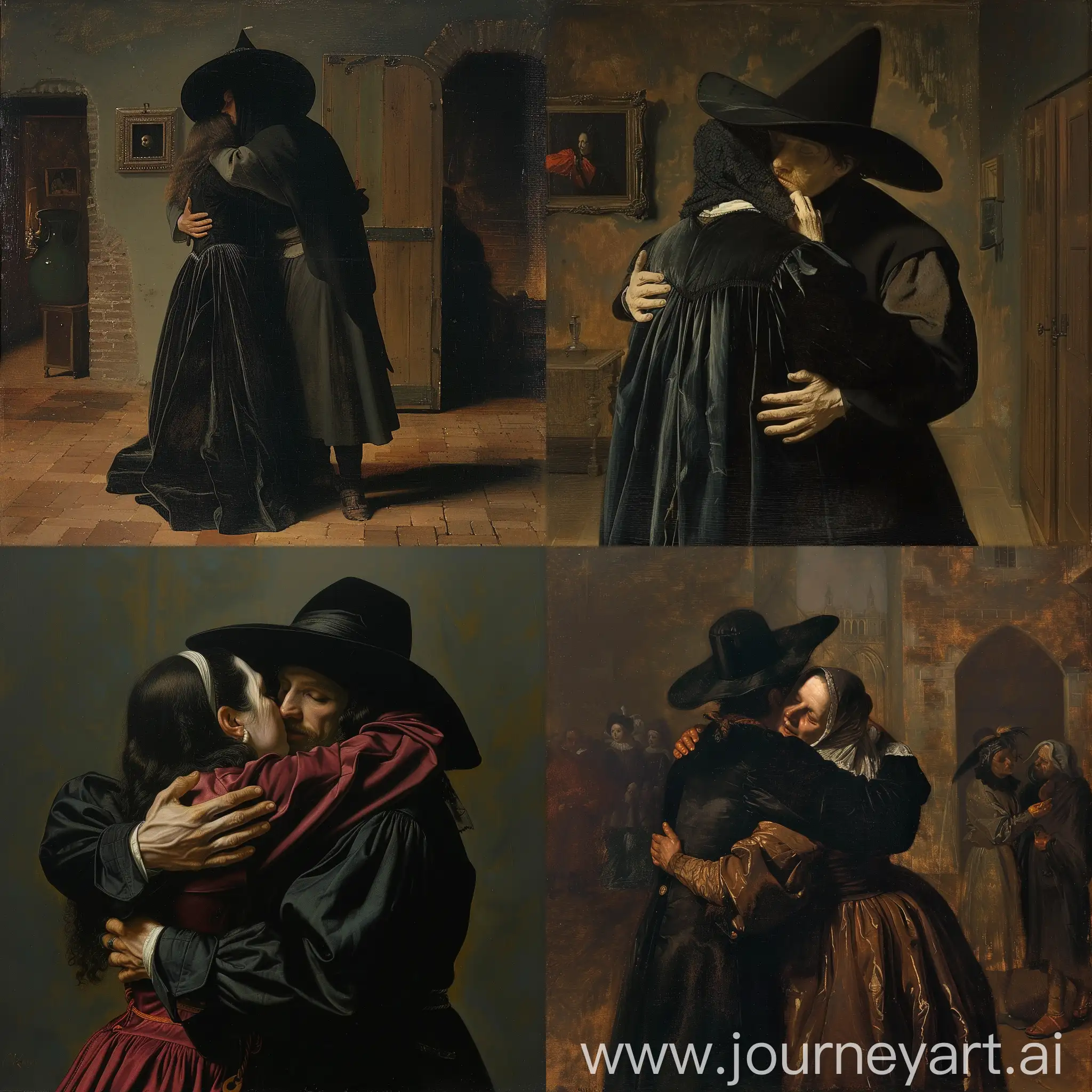 Spanish inquisitor romantically embraces witch in the style of vermeer