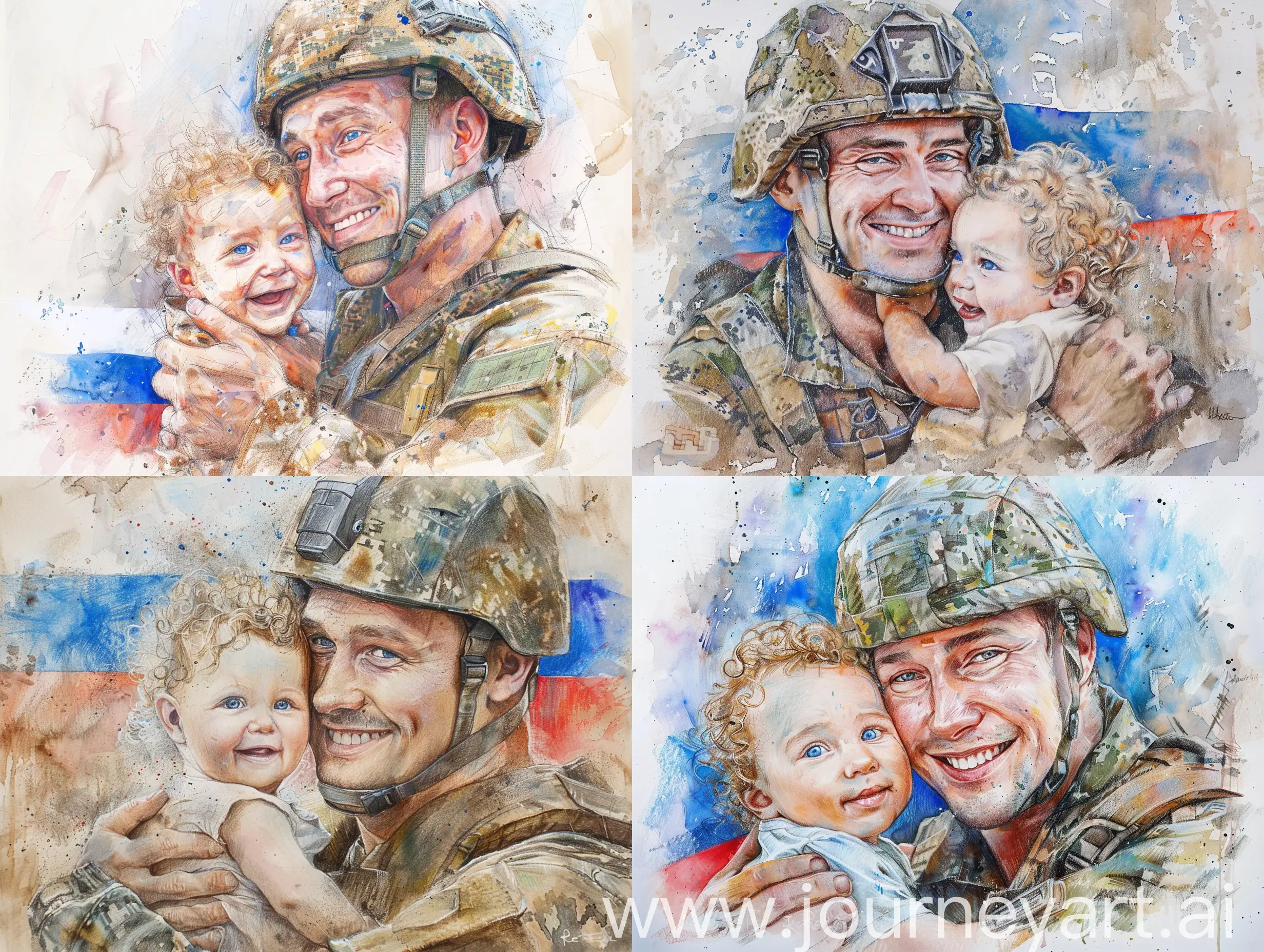 Russian-Warrior-Embracing-Little-Baby-in-Camouflage-Helmet-with-Realistic-Watercolor-Drawing-Background