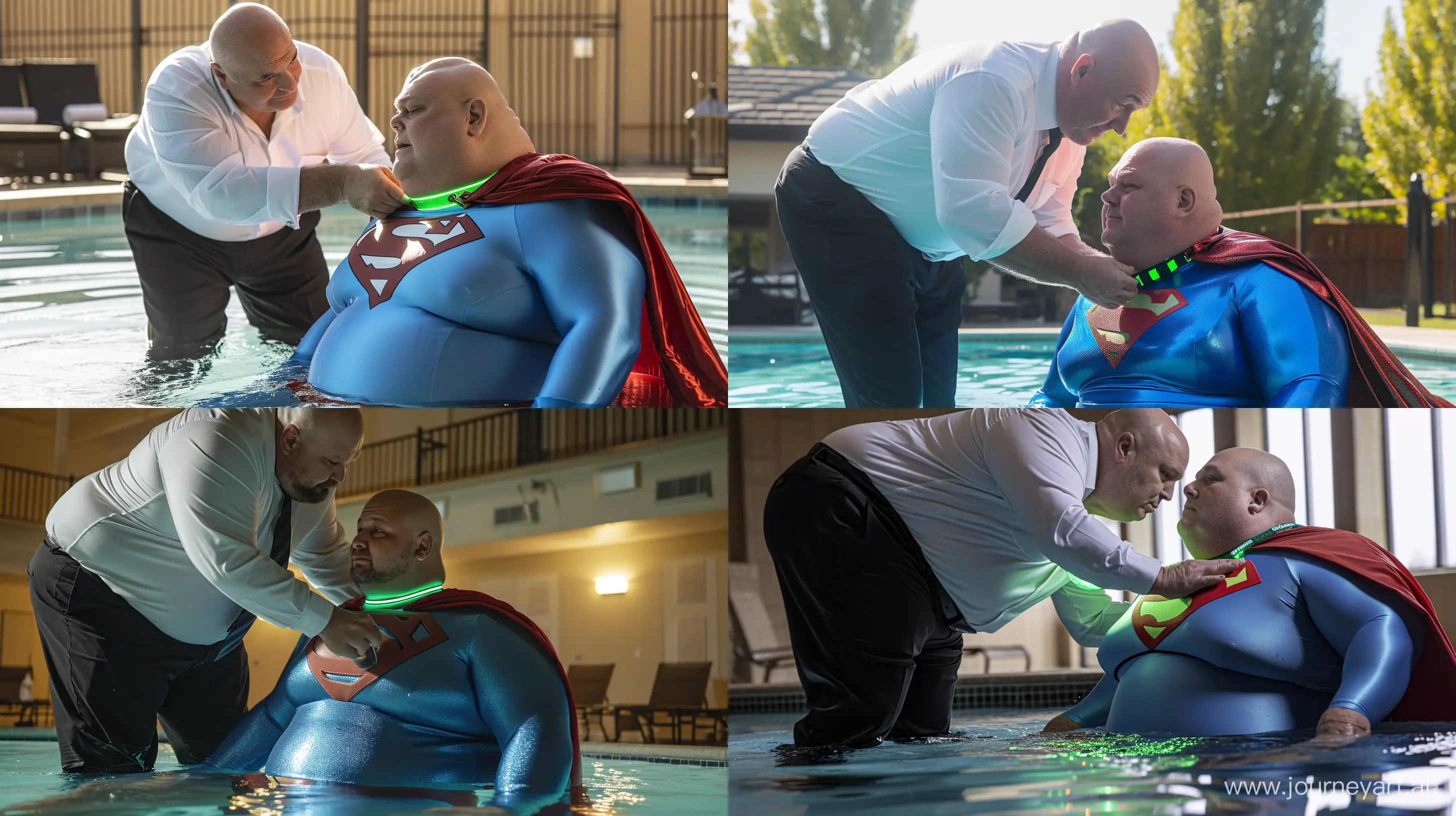 A closeup photo of a chubby man aged 60 silky black business pants and a white shirt, bending behind and tightening a green glowing small short dog collar on the nape of another big chested chubby man aged 60 sitting in the water and wearing a tight blue silky superman costume with a large red cape. Swimming Pool. Natural Light. Bald. Clean Shaven. --style raw --ar 16:9 --v 6