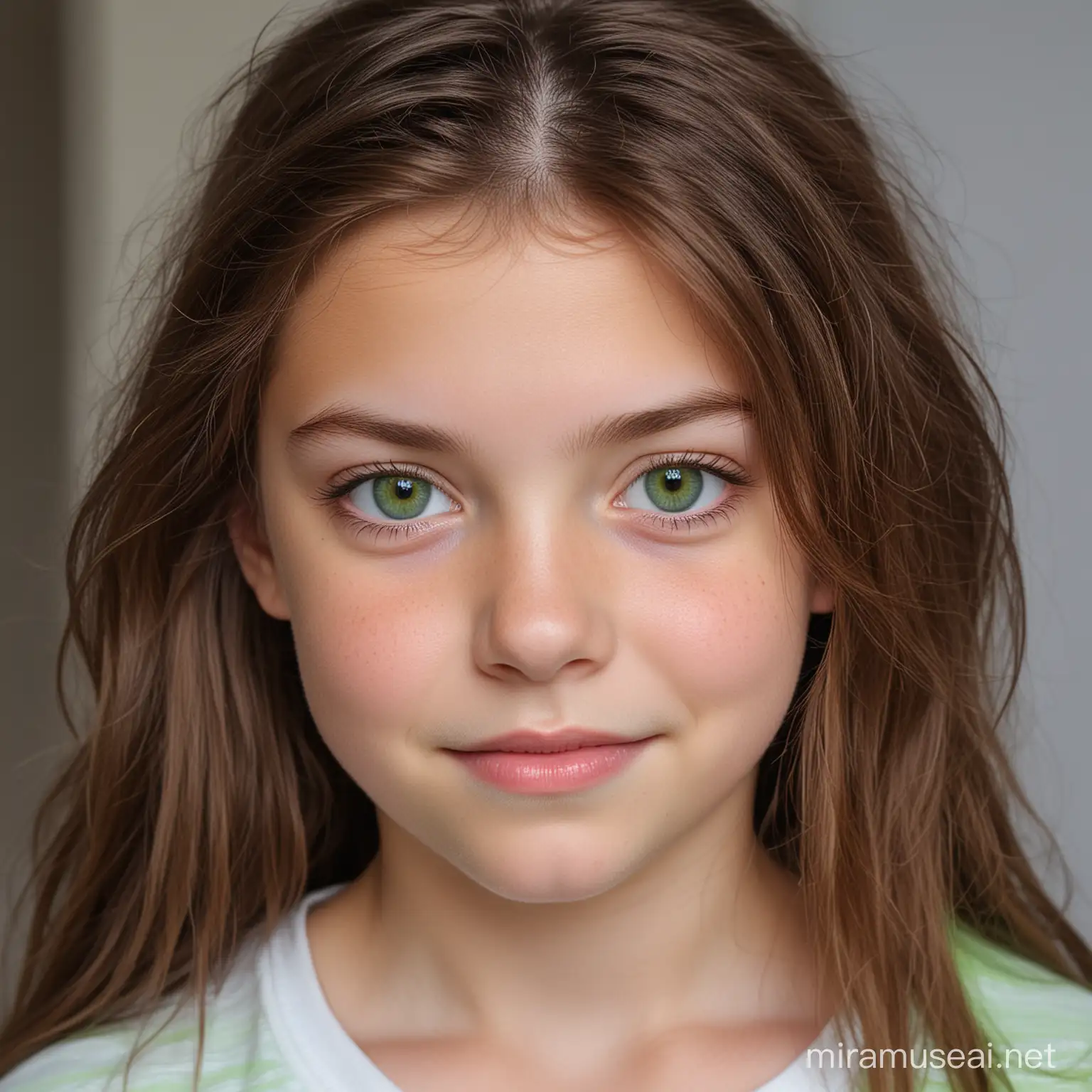 A 10 year old girl with striking brown hair and captivating green eyes displaying the unique features of Angelman syndrome