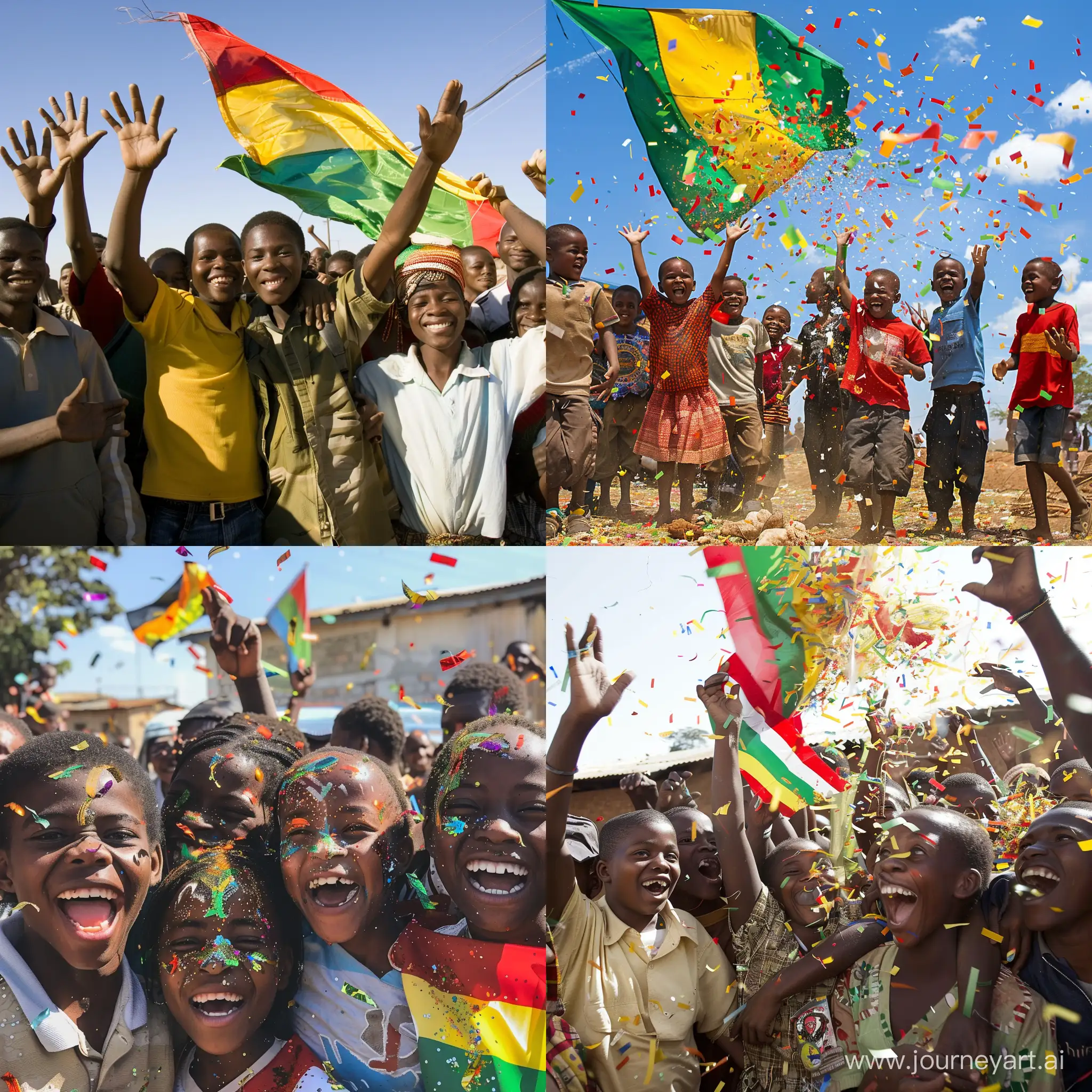African youths both rural and urban, celebrating success with the theme of Zimbabwean flag. --v 6 --ar 1:1 --no 98220