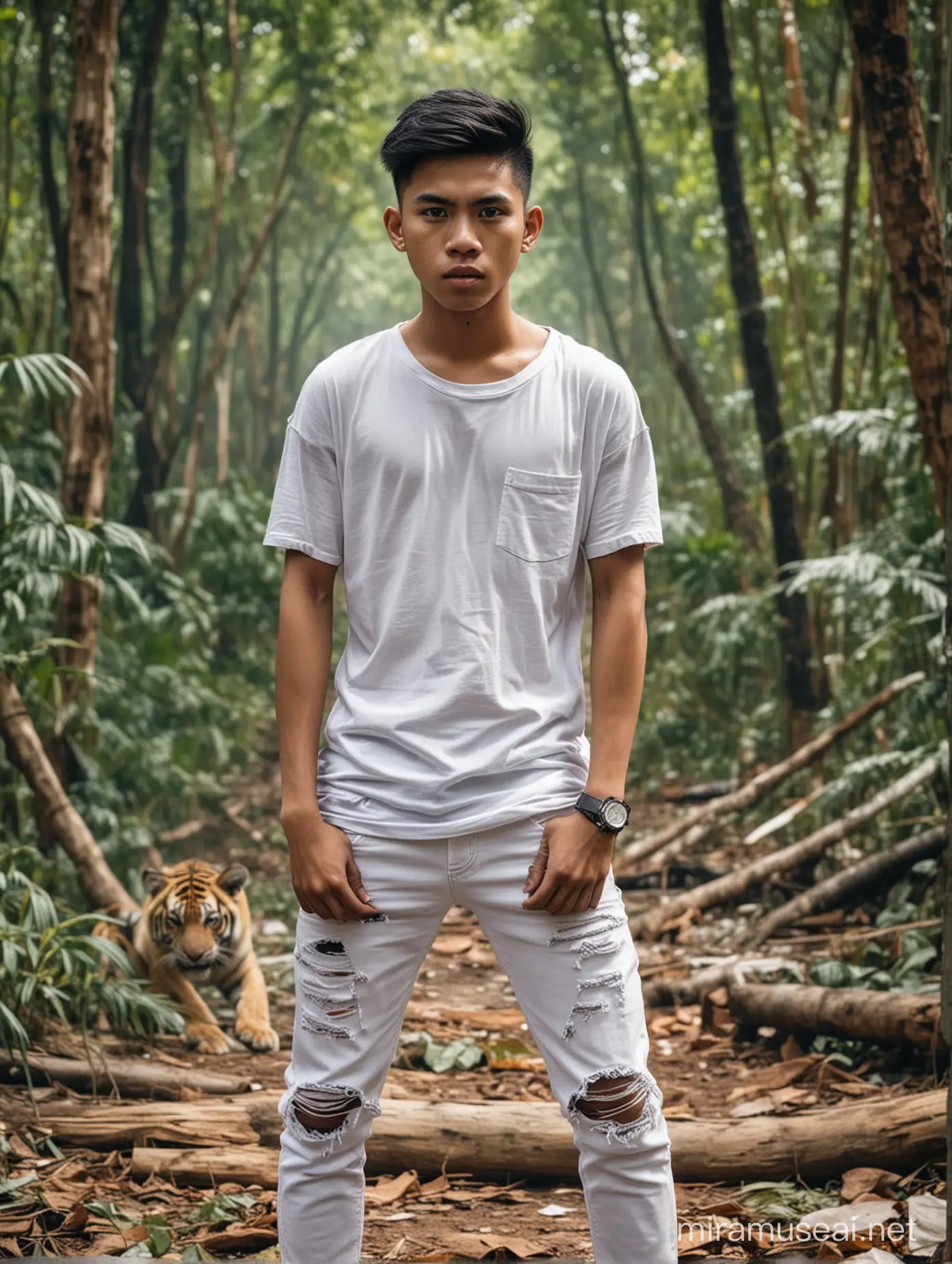 Poto remaja indonesia umur 17 tahun,tampan rambut undercut tubuh sedang,dengan pakaian kaos dan kemeja kasual,dan celana jeans putih robek,sedang berpose bertahan dari serangan harimau yang mencoba menyerangnya dengan kekuatan penuh serta memberikan luka berat padanya,latar hutan yang sangat sejuk, efek pertempuran sengit